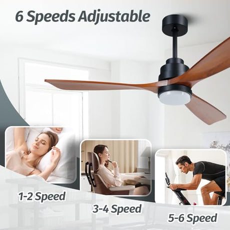 ALUOCYI Wood Ceiling Fan with Light,Energy Saving,Ultra-Quiet DC Motor,3 Blades,6 Speed,Outdoor/Indoor Ceiling Fan for Patio,Deck,Porch,Bedroom,Living Room,Brown Walnut and Black ALUOCYI