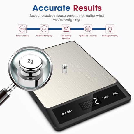 Mik-Nana Food Scale, Digital Kitchen Scale with 6 Units Tare Function & LCD Display, 11lb Stainless Steel Weight Grams and Ounces for Baking, Cooking and Meal Prep (Batteries Included) Mik-Nana