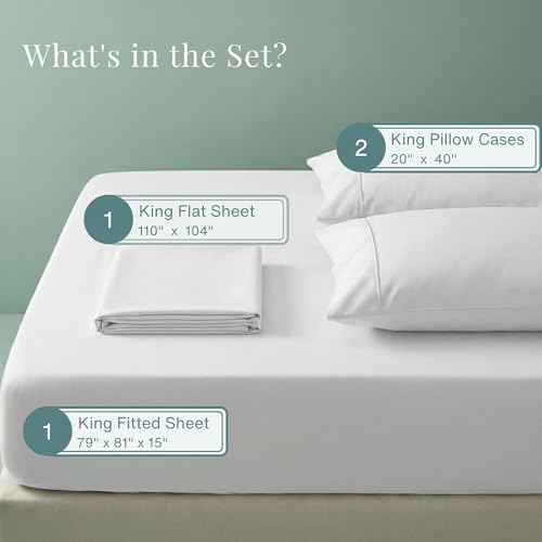 100% Egyptian Cotton Sheets King Size Sheets Set with Fully Elasticated 15" Deep Fitted Sheet & Pillowcase Sets, Sateen Weave Hotel Collection King Sheet Set, Soft Luxury White Bedding CHATEAU HOME COLLECTION