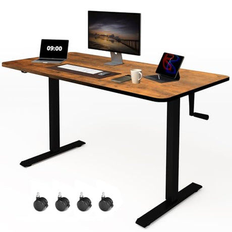 Whole Piece Manual Standing Desk Adjustable Height with Lockable Casters- Hand Crank Stand up Desk with Wheels, Mobile Sit to Stand Workstation with Handle iWkstation