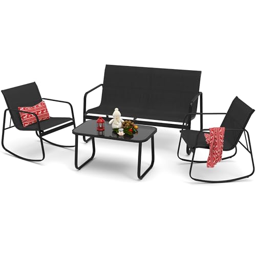 DWVO 4 Piece Patio Furniture Set, Outdoor Conversation Sets for Patio, Lawn, Garden, Poolside with Rocking Chair Set of 2 and Glass Coffee Table - Black