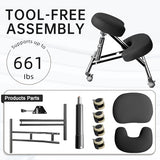 PU Leather Ergonomic Kneeling Chair, Adjustable Home and Office Stool with Thick Pads and Flexible Lockable Brake Wheels for Back Pain Relief(Black) DENGTELI