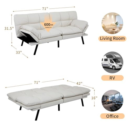 MUUEGM Convertible Memory Foam Sofa Bed with Adjustable Backrest & Armrest, Modern Futon Couch for Living Room, Office, Apartment, Space-Saving Design, Easy Assembly,White MUUEGM