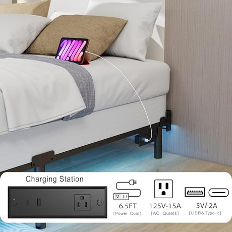 Adjustable Bed Frame with Smart LED Lights & Charging Station,Sturdy Metal Platform Bed Base for Box Spring & Mattress,Headboard Compatible,Length Extendable,Twin/Full/Queen/King Size (7 Inch, Twin) HusDream