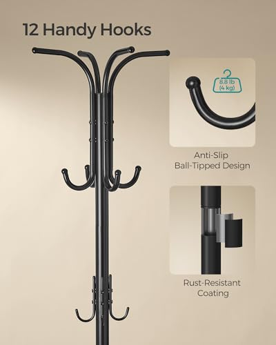 SONGMICS Coat Rack Freestanding, Coat Rack with Umbrella Holder, Metal Coat Rack Stand with 12 Hooks, for Entryway, Hallway, Living Room, Bedroom, Ink Black URCR011B01 SONGMICS