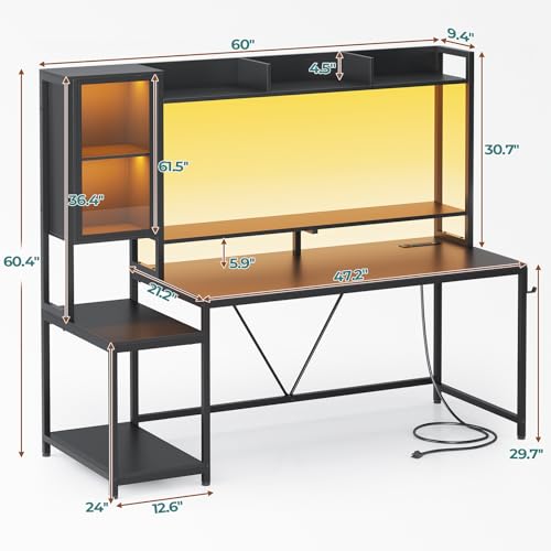 SEDETA Gaming Desk, 60'' Gaming Desk with Hutch and LED Lights, Computer Desk with Storage Shelves, Large PC Gamer Desk with Display Cabinet, Monitor Stand, Power Outlet for Home Office, Black SEDETA
