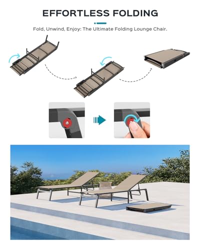 Patio Chaise Lounge Chair, Foldable Lounge Chair for Outside, Aluminum Chairs Set of 2 with 5 Adjustable Backrest, Outdoor Pool Lounger for Poolside, Lawn, Deck, Khaki