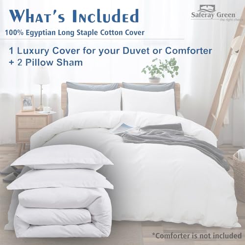 Saferay Green Super King 3 Piece Duvet Cover Set 100% Cotton Breathable All Season Super Soft Bedding 98x108 Inches with Zipper Closure & Corner Ties (Super King, White) Saferay Green