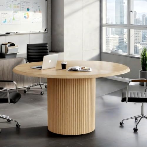Tribesigns 47" Round Conference Table for 4-6 People, Farmhouse Wooden Meeting Room Table with Sturdy Fluted Metal Base, Modern Office Training Desk for Office, Conference Room Tribesigns