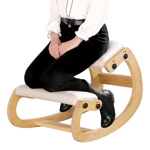 Predawn Adjustable Ergonomic Kneeling Chair – Custom Height Rocking Posture Stool with Thick Cushions, Solid Wood Frame, Knee Support Seat for Adults, Office or Meditation Use(White Oak) Predawn
