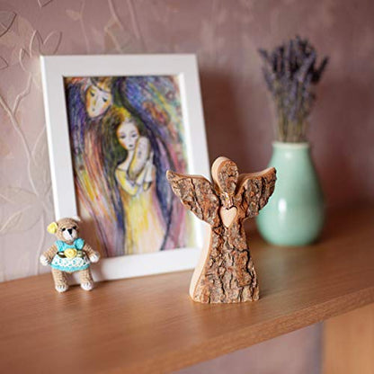 Forest Decor Wooden Guardian Angel Figurines for Love Peace Inspiration - Remembrance Angel Collectible Statue - Christmas Wood Angel Decor with Loving Heart - Rustic Angel Gift in Memory of  - WoodArtSupply