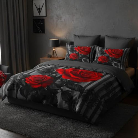 CCoutueChen Grey Stripe Comforter Black Red Roses Bedding Set Queen Size for Women Romantic Botanical Leaves Quilted Comforter for Bedroom Decor - 3Piece Soft Fluffy Microfiber with 2 Pillowcases CCoutueChen
