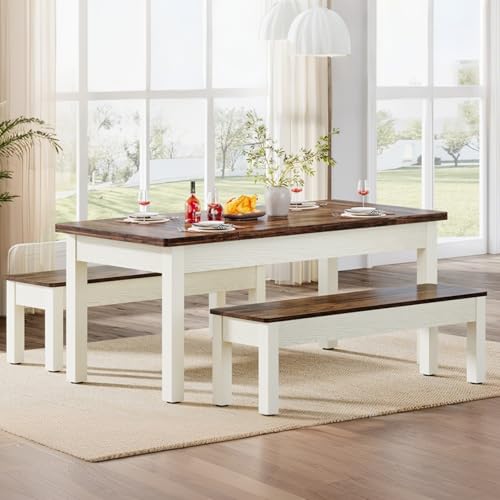 Tribesigns Farmhouse Kitchen Table Set for 4-6, 55-Inch Wooden Dining Table with 2 Benches, Space Saving 3 Pieces Heavy Duty Dinette for Dining Room, Kitchen, Small Space Tribesigns