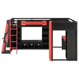 Merax Twin Size Gaming Loft Bed with Desk, TV Stand and Storage Shelves, Solid Wood Dual Twin Bed Frame with RGB LED Lights & USB Ports for Teens Bedroom, Space-Saving Design, Reversible Layout, Red Merax