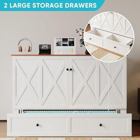 CECER Queen Size Murphy Bed with Tri-Folding Mattress，Murphy Bed Queen with 2 Large Storage Drawers and Charging Station for Small Spaces/Bedroom/Guest Room-（White） CECER
