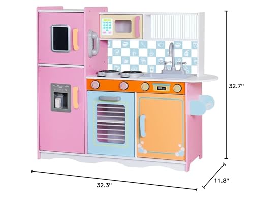 Lil' Jumbl Kids Kitchen Set, Pretend Wooden Play Kitchen with Chalk Board, Play Phone, Towel Rack & Ice Dispenser, Clicking Knobs, Pots & Utensils Included - Colorful