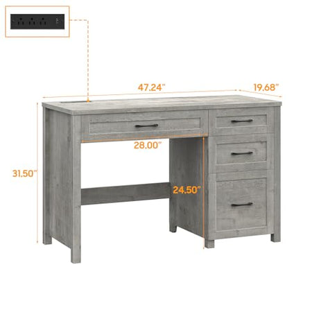 Vabches Farmhouse 47" Executive Desk with 4 Drawers, Computer Desk with File Drawer and Charging Station, Workstation for Home Office, Study.（Grey） Vabches