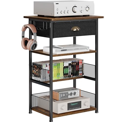 Hongtamoya 4-Tier AV Media Stand with Drawer, Video Game Console Shelf with 2 Hooks, Audio Rack Tower Perfect for/Xbox/ PS5/Switch/Game Consoles/DVD/Record Player/Projector/Sky Box/TV Accessories Hongtamoya