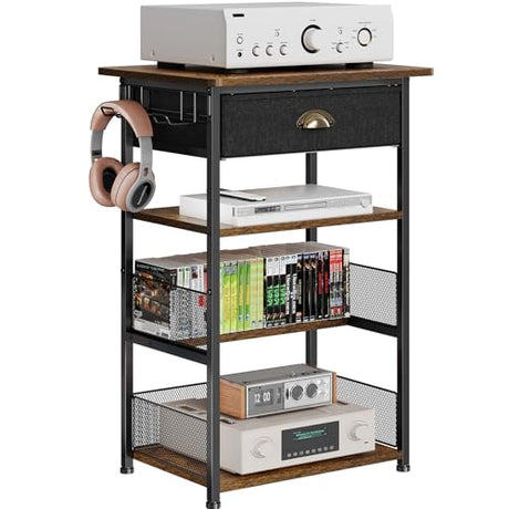 Hongtamoya 4-Tier AV Media Stand with Drawer, Video Game Console Shelf with 2 Hooks, Audio Rack Tower Perfect for/Xbox/ PS5/Switch/Game Consoles/DVD/Record Player/Projector/Sky Box/TV Accessories Hongtamoya