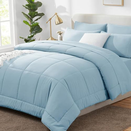 CozyLux Full Size Comforter Sets Light Blue, 7 Pieces Bed in a Bag, Blue Comforter Full Size, All Season Bedding Sets with Stitch Quilted Comforter, Flat Sheet, Fitted Sheet, Pillowcases CozyLux