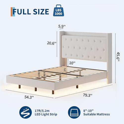 coucheta Full Floating Bed Frame with LED Lights, Upholstered Platform Bed with Crystal Tufted Headboard, Storage Shelves, Heavy Duty Metal Slats, No Spring Needed, Noise Free, Easy Assembly, White coucheta