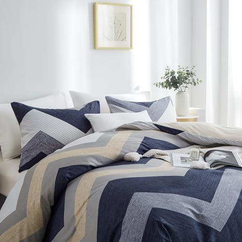 BOLINLIVING Wavy Striped Queen Duvet Cover Set, Blue Geometric Zipper Duvet Cover 104"x90" with 2 Pillow Sham 20"x36", 3 Pieces Soft Breathable Single Bedding Sets with 4 Corner Ties BOLINLIVING