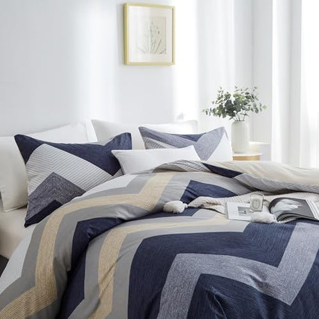 BOLINLIVING Wavy Striped Queen Duvet Cover Set, Blue Geometric Zipper Duvet Cover 104"x90" with 2 Pillow Sham 20"x36", 3 Pieces Soft Breathable Single Bedding Sets with 4 Corner Ties BOLINLIVING