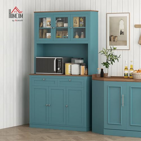 HOMCOM 71" Kitchen Pantry Cabinet, Freestanding Kitchen Hutch with Microwave Stand, 2 Drawers and Adjustable Shelves, Bar Cabinet with Glass and Recessed Doors for Dining Room, Green HOMCOM