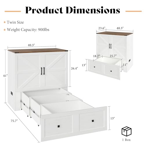 AMERLIFE Twin Murphy Bed Cabinet with Charging Station and Storage Drawer, Farmhouse Foldable Platform Bed for Home Office, Apartment, Small Spaces, Distressed White AMERLIFE