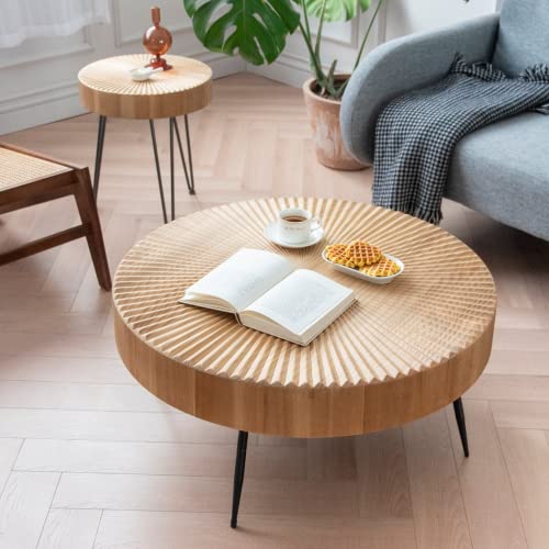 LONYKE 2-Piece Modern Farmhouse Living Room Coffee Table Set, Nesting Table Round with Handcrafted Wood Radial Pattern LONYKE