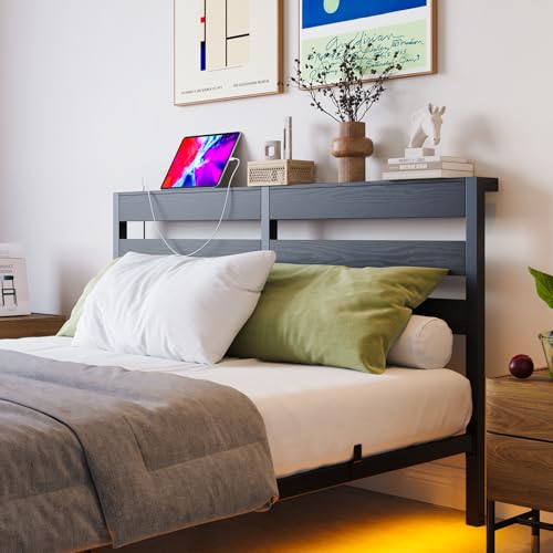 VERFARM Floating Bed Frame Full Size with USB Charging Station, LED Bed Frame with Storage Headboard, Black Metal Platform Bed Double Size, No Box Spring Needed, Noise Free, Easy to Assemble VERFARM