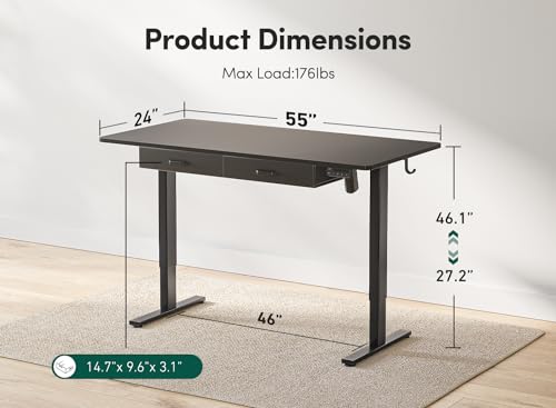 FEZIBO Adjustable Height Electric Standing Desk with Double Drawer, 55 x 24 Inches Stand Up Home Office Desk with Splice Tabletop, Black Frame/Black Top FEZIBO
