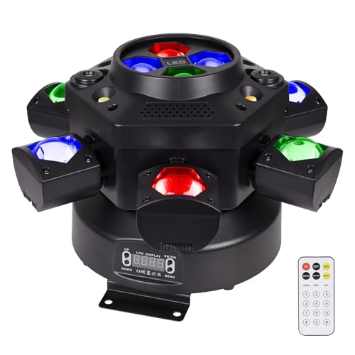 Moving Head DJ Lights, 150W RGBW LED Moving Head Lights, 6 Arms Party Light, 4 in 1 Bee-Eyes Effect Light, Red Green Starry, White & Amber Strobe, Support DMX-512 & Remote for Party Bar Disco Club DJ Lumvraneo