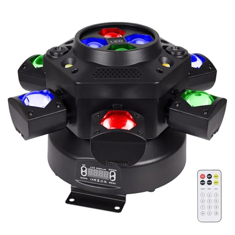 Moving Head DJ Lights, 150W RGBW LED Moving Head Lights, 6 Arms Party Light, 4 in 1 Bee-Eyes Effect Light, Red Green Starry, White & Amber Strobe, Support DMX-512 & Remote for Party Bar Disco Club DJ Lumvraneo