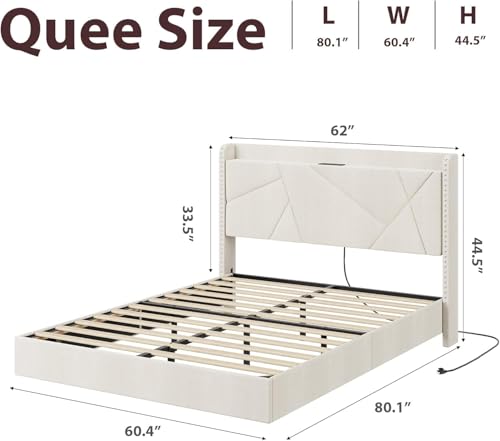 Garvee King Size Floating Bed Frame with RGB LED Lights and Charging Station, Upholstered Platform Bed with Storage Headboard and Button Tufted Design, No Box Spring Needed, Beige Garvee