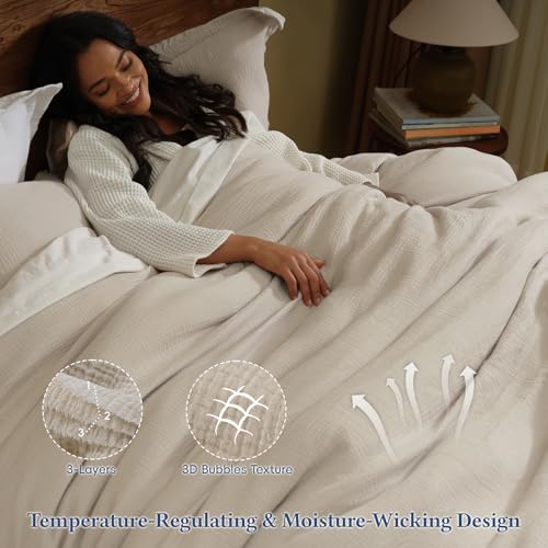 David's Home Cotton Muslin Comforter Set Twin Size, Soft Lightweight Breathable Cozy Skin-Friendly, 3PCS Linen Like Gauze Bedding with Pillow Shams, Aesthetics Home Decor & Giftable, Natural David's Home