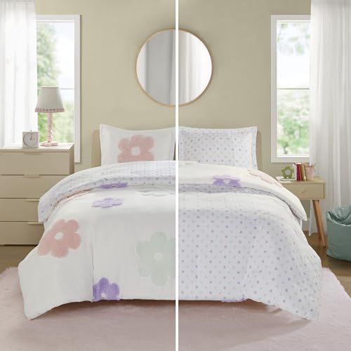 Intelligent Design Kids Full Duvet Cover Set for Girls, Tufted Chenille Floral Duvet Set Queen, Lightweight Polka Dot Reversible Bedding Cover, Gracie, Full/Queen White/Purple 4 Piece Intelligent Design