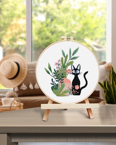 TINDTOP Embroidery Kit for Beginners Adult, Cat Embroidery Kit for Beginners Include Embroidery Cloth Hoops Threads for Craft Lover Hand Stitch with Embroidery Skill Techniques TINDTOP