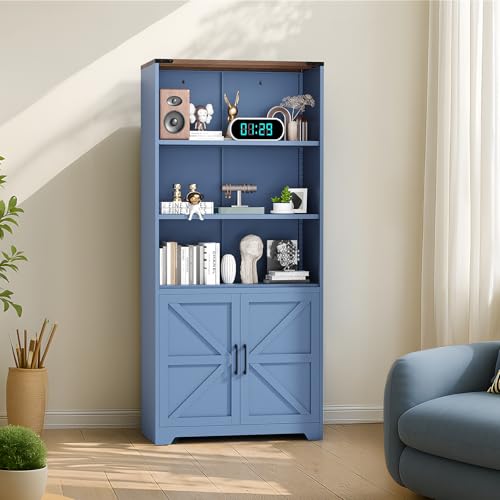 VINGLI Blue Bookcase with Doors and Adjustable Shelves, Steel 70" Tall Bookshelf Display Cabinet, 6-Tier Tall Farmhouse Metal Storage Cabinet for Study, Living Room, Home Office, Kitchen Pantry VINGLI