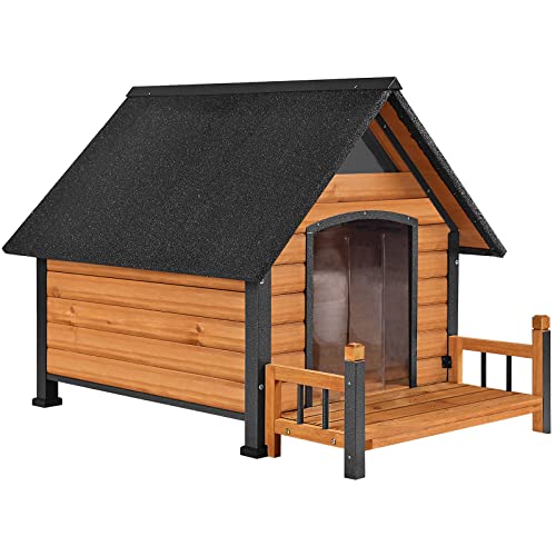 Dog House with Anti-Bite Metal Iron Frame Outdoor Wooden Dog Kennel Indoor Puppy Shelter for Small Medium Large Dogs Weatherproof(Brown)