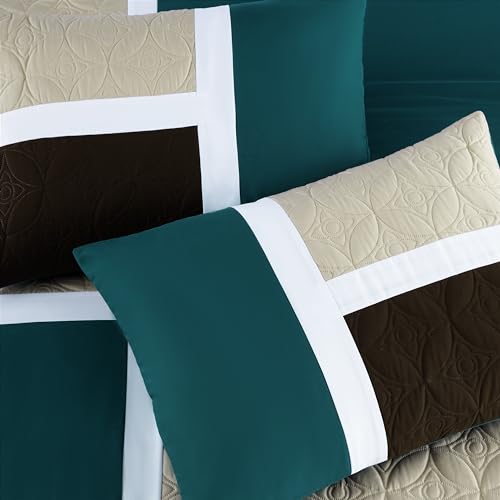 Chezmoi Collection Upland 7-Piece Quilted Patchwork Comforter Set, Teal/Beige/Brown, King Chezmoi Collection