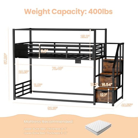 Low Bunk Bed Twin Over Twin with Storage Staircase, RGB LED Lights, Drawers & Shelves, Metal Bunk Beds for Kids with Power Outlet, Double Full-Length Guardrails & Metal Slats for Small Space, Black Zerduos