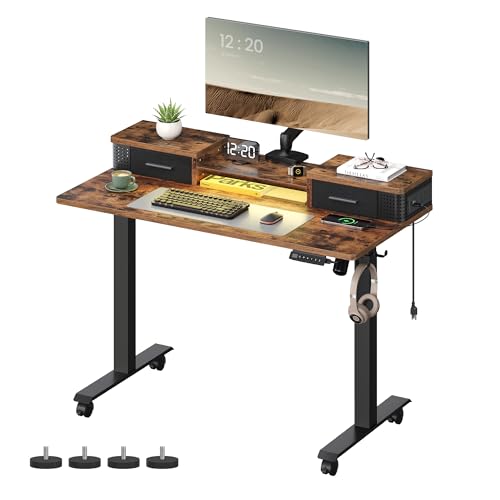 VASAGLE Electric Standing Desk with Drawers, Sit Stand Desk with Built-in Power Strip, Adjustable Height, 23.6 x 47.2 Inches, 2 Hooks, Memory Function, for Home Office, Rustic Brown ULSD182X2 - WoodArtSupply