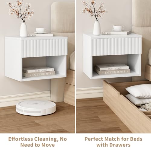 AURINEST Floating Nightstand Set of 2, Modern Wall Mounted Bedside Tables with Fluted Drawer, Night Stand Small End Table with Open Storage Shelf for Bedroom, Living Room, Small Spaces, White AURINEST