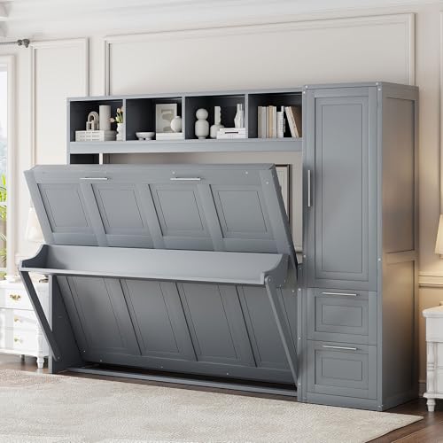 Merax Full Size Murphy Bed, Wall with Closet and Drawers, Storage Space Saving Muti-Functional Beds Frame for Home Office Guest Room, Gray Merax