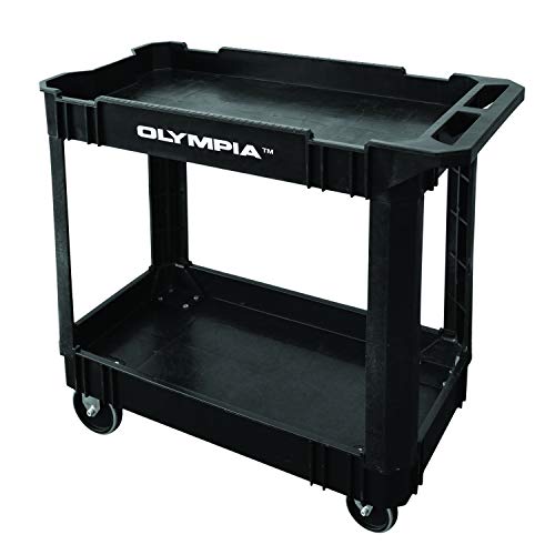 Olympia Tools 2 Shelf Black Rolling Utility Cart - Supports Up to 500 lbs, Comfort Handle - Heavy Duty Carts With Wheels - Great for Warehouse, Olympia Tools
