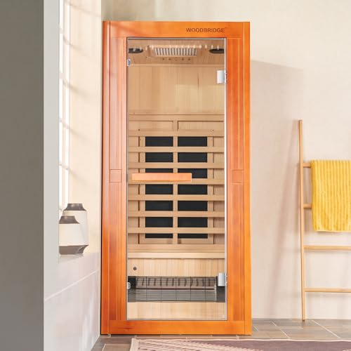 Woodbridge Infrared Home Sauna Room 1 Person Japanese Cedar Indoor Sauna with 7 Carbon Heaters, Red Light Therapy, Bluetooth Speaker, Intelligent Control Panel, Tempered Glass & Top Vent WOODBRIDGE