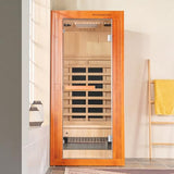Woodbridge Infrared Home Sauna Room 1 Person Japanese Cedar Indoor Sauna with 7 Carbon Heaters, Red Light Therapy, Bluetooth Speaker, Intelligent Control Panel, Tempered Glass & Top Vent WOODBRIDGE