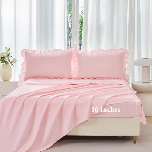 ANGIYUIN 5 Pieces Pink Twin Size Comforter Set for Girls Ruffled Kids Bed in A Bag with Sheet Sets Farmhouse Shabby Bedding Sets with Ruffle Soft Fluffy Bed Sets (Pink Twin) ANGIYUIN