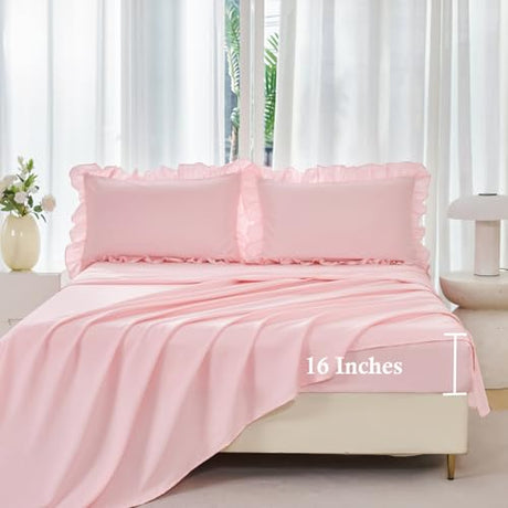 ANGIYUIN 5 Pieces Pink Twin Size Comforter Set for Girls Ruffled Kids Bed in A Bag with Sheet Sets Farmhouse Shabby Bedding Sets with Ruffle Soft Fluffy Bed Sets (Pink Twin) ANGIYUIN